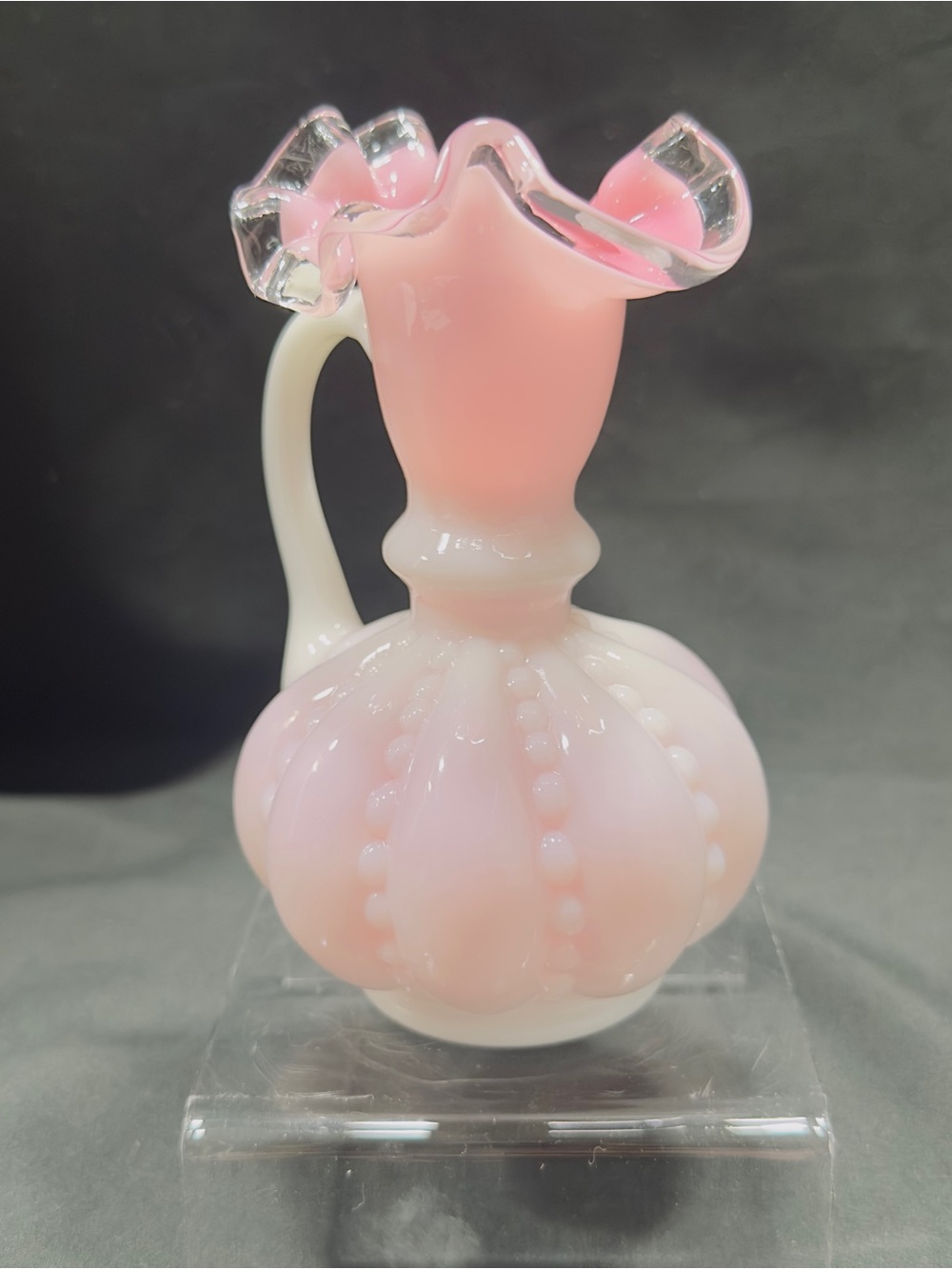 Vintage 1940's Fenton White Pink Ruffled Edge Beaded Melon Glass Pitcher Attache - Picture 2 of 12